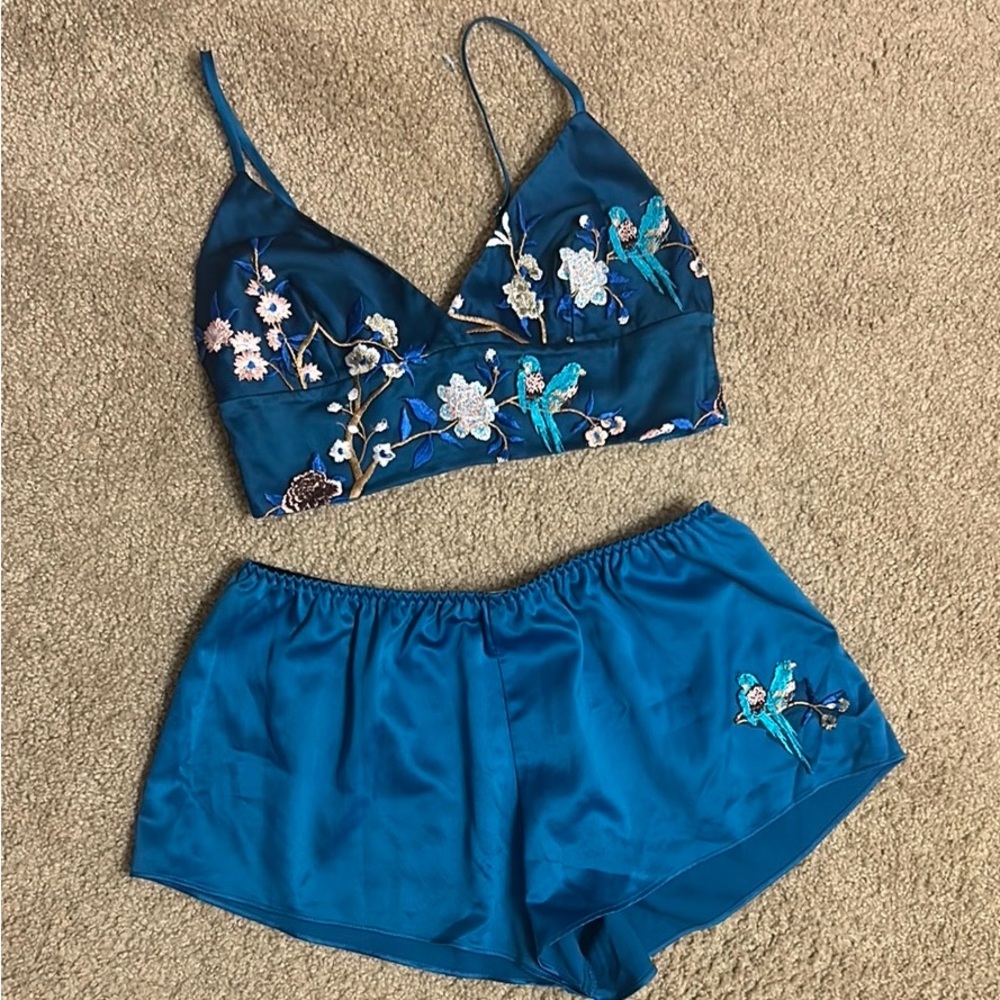 NEW Anthropologie Floral Embroidered Blue Satin Lingerie Set